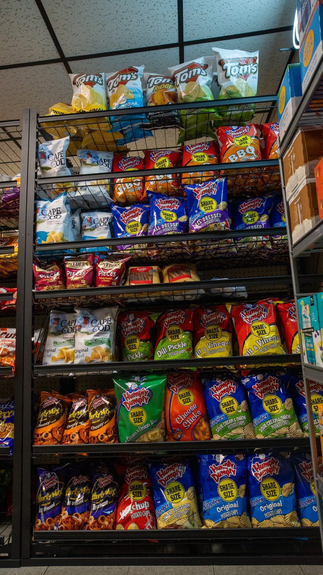 Shelves of chips and snacks